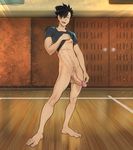  abs animal anma black_hair erection haikyuu!! muscle penis shirt_lift smile solo testicles undressing 