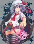  adapted_costume ascot bat_wings belt cowboy_shot hat hat_ribbon lavender_hair looking_at_viewer mob_cap navel pointy_ears red_neckwear remilia_scarlet ribbon shorts smile solo striped striped_legwear suspender_shorts suspenders suspenders_slip thighhighs thighs touhou uumaru wings 