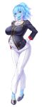  1girl ascot black_jacket blue_hair blue_skin clelia_forlane colored_skin gloves hands_on_own_hips highres jacket monster_girl nobushito official_art pregnant red_eyes shirt slime_girl solo standing taimanin_(series) taimanin_rpgx teeth tongue tongue_out white_background white_gloves white_shirt 