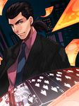  black_eyes black_hair building card formal gin_to_kin hair_slicked_back male_focus money morita_tetsuo necktie playing_card ponytail skyscraper smile solo striped_jacket suit u-min upper_body 