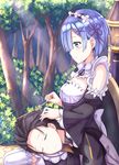  1girl black_hair blue_eyes blue_hair blush closed_eyes closed_mouth day forest from_side hair_over_one_eye hand_on_another's_head highres holding lap_pillow maid maid_headdress md5_mismatch natsuki_subaru nature outdoors profile re:zero_kara_hajimeru_isekai_seikatsu reins rem_(re:zero) ribbon-trimmed_clothes ribbon-trimmed_legwear ribbon_trim short_hair sitting smile sunlight thighhighs tukisiro_nao 