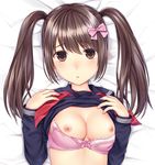  banned_artist black_serafuku bra bra_pull breasts brown_eyes brown_hair cleavage close-up dakimakura hair_ribbon highres long_hair long_sleeves looking_at_viewer lying medium_breasts n.g. neckerchief nipples on_back open_mouth original pink_bra ribbon school_uniform serafuku shirt shirt_lift solo twintails underwear upper_body 