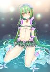  ahoge bare_legs blush breasts choker eyebrows_visible_through_hair flower_knight_girl full_body green_footwear green_hair green_panties green_skirt hairband hattori_masaki jewelry light_particles long_hair miniskirt mint mint_(flower_knight_girl) panties partially_submerged revealing_clothes shoes sitting skirt small_breasts solo thong underboob underwear wariza water wrist_cuffs yellow_eyes 