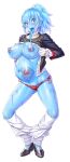  1girl black_footwear blue_hair blue_skin clelia_forlane colored_skin core frilled_jacket frills jacket lactation long_tongue monster_girl nipples nobushito official_art open_clothes open_jacket panties pants_around_ankles ponytail pregnant pulling_own_clothes red_eyes red_panties saliva slime_girl solo taimanin_(series) taimanin_rpgx teeth tongue tongue_out underwear uterus white_background 