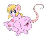  2016 anus big_breasts big_eyes blonde_hair blue_eyes breasts clitoris female fur gaping hair looking_at_viewer lying mammal mouse nude on_side pink_fur pussy rodent skidd solo spread_pussy spreading 