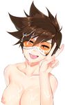  areolae breasts brown_hair collarbone cum cum_on_breasts cum_on_hair facial goggles looking_at_viewer nipples open_mouth overwatch saliva short_hair solo spiked_hair tofuubear tracer_(overwatch) v white_background 