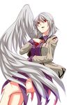  bow bowtie crossed_legs dress hand_on_own_chest highres jacket kakao_(noise-111) kishin_sagume long_sleeves open_clothes open_mouth purple_dress red_eyes shirt short_dress short_hair silver_hair single_wing smile solo touhou wings 