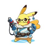  bad_id bad_pixiv_id beads black-framed_eyewear blue_gloves blush_stickers brown_eyes coat cosplay full_body gen_1_pokemon glasses gloves gun holding holding_gun holding_weapon jewelry mei_(overwatch) mei_(overwatch)_(cosplay) no_humans overwatch pikachu pokemon pokemon_(creature) simple_background single_earring solo standing weapon white_background zrae 