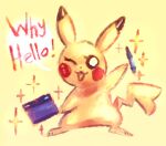 2018 cheek_spots dialogue digital_media_(artwork) english_text exclamation_point eyelashes female flavia-elric flavia_(flavia-elric) generation_1_pokemon hi_res nintendo one_eye_closed open_mouth open_smile pen pikachu pokemon pokemon_(species) pose pupils red_cheeks red_text simple_background smile solo sparkles speech_bubble standing tablet tablet_pen tail text white_pupils yellow_body yellow_tail