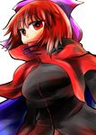  bow cape hair_bow hidden_mouth highres red_eyes red_hair rokugou_daisuke sekibanki short_hair solo touhou white_background 