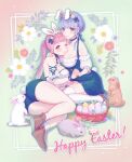  2girls absurdres alternate_costume animal_ears ass basket blue_hair bow breast_pillow breasts brown_eyes brown_footwear choker cleavage closed_mouth commentary_request detached_sleeves dress easter easter_egg egg fake_animal_ears fire_emblem fire_emblem:_three_houses floral_background flower flower_choker frilled_shirt frills green_bow hair_bow hand_on_another's_shoulder happy_easter head_wreath highres hilda_valentine_goneril holding_hands large_breasts long_hair marianne_von_edmund mary_janes multiple_girls n2ewu off-shoulder_shirt off_shoulder one_eye_closed pink_eyes pink_hair pinstripe_pattern pinstripe_shirt pinstripe_socks pinstripe_thighhighs puffy_detached_sleeves puffy_short_sleeves puffy_sleeves rabbit rabbit_ears rabbit_tail shirt shoes short_dress short_sleeves sideboob sitting smile socks tail thighhighs twintails underbust white_shirt white_socks white_thighhighs 