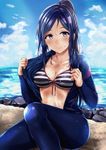  bikini bikini_top bird blue_hair blush bodysuit breasts cleavage closed_mouth collarbone glint highres horizon knee_up large_breasts long_hair looking_at_viewer love_live! love_live!_sunshine!! matsuura_kanan napo8593 ocean ponytail puddle purple_eyes sitting smile solo striped striped_bikini swimsuit tareme undressing water water_drop wet 