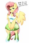  anthro breasts clothing cutie_mark english_text equine female fluttershy_(mlp) footwear friendship_is_magic fur hair half-closed_eyes looking_at_viewer mammal my_little_pony open_mouth pegasus pink_hair shoes simple_background solo standing text thetroon tongue white_background wide_hips wings yellow_fur 