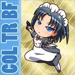  aiming_at_viewer apron black_dress black_hair blue_eyes character_name chibi coru dress dual_wielding gun handgun holding holding_gun holding_weapon looking_at_viewer lowres maid maid_apron maid_headdress original puffy_short_sleeves puffy_sleeves rakurakutei_ramen revolver short_sleeves solo weapon 