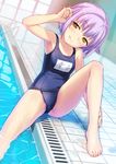  :q bangs barefoot blue_swimsuit blurry breasts brown_eyes cameltoe collarbone depth_of_field drain_(object) dutch_angle eyebrows eyebrows_visible_through_hair feet fingernails hair_flaps hair_ornament hairclip hand_up head_tilt highres idolmaster idolmaster_cinderella_girls indoors koshimizu_sachiko name_tag old_school_swimsuit one-piece_swimsuit pool_ladder poolside purple_hair reflection school_swimsuit short_hair sitting skin_tight small_breasts smile soaking_feet solo spread_legs swimsuit tile_floor tiles toenails toes tongue tongue_out uni water wet 