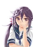  akebono_(kantai_collection) asymmetrical_hair bell closed_mouth collarbone eyebrows eyebrows_visible_through_hair flower hair_bell hair_between_eyes hair_flower hair_ornament hairpin hand_on_own_cheek head_rest jingle_bell kantai_collection long_hair pink_lips purple_eyes purple_hair school_uniform serafuku short_sleeves side_ponytail simple_background sleeve_cuffs solo sumeragi_hamao upper_body white_background 