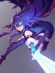  1girl bare_shoulders blue_dress blue_eyes blue_footwear blue_hair blue_shirt boots cape commentary dress english_commentary falchion_(fire_emblem) fingerless_gloves fire_emblem fire_emblem:_kakusei fire_emblem_heroes gloves glowing glowing_sword glowing_weapon grey_background hair_between_eyes highres holding holding_sword holding_weapon liyart long_hair looking_at_viewer lucina nintendo open_mouth shirt super_smash_bros. super_smash_bros._ultimate sword thigh_boots thighhighs tiara torn_clothes torn_legwear torn_shirt weapon 