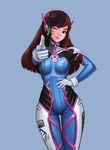  ;) absurdres bangs blue_background bodysuit breasts brown_eyes brown_hair closed_mouth clothes_writing cowboy_shot d.va_(overwatch) facial_mark finger_gun gloves hand_on_hip headphones highres jungon_kim lips long_hair looking_at_viewer medium_breasts nose one_eye_closed overwatch pilot_suit pointing pointing_at_viewer simple_background skin_tight smile solo swept_bangs thigh_gap whisker_markings white_gloves 