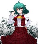  breasts dress green_hair highres kazami_yuuka large_breasts long_sleeves open_clothes open_vest red_dress red_eyes rihito_(usazukin) solo touhou vest 