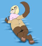  2016 blonde_hair bottomless brown_eyes clothed clothing female ferret hair hindpaw looking_at_viewer looking_back lying mammal mustelid on_front os panties panties_down paws pussy raised_tail reading solo underwear 
