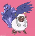 2019 2_horns ambiguous_gender armor avian biped bird blue_body blue_feathers bovid brown_body caprine corviknight digital_drawing_(artwork) digital_media_(artwork) duo ear_twitch emanata feathers feral full-length_portrait fur generation_8_pokemon hi_res horn looking_at_viewer mammal nintendo noriega open_mouth open_smile pink_background pink_nose pokemon pokemon_(species) portrait quadruped raised_wings signature simple_background smile standing white_body white_fur white_wool wings wool_(fur) wooloo