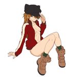  :3 adjusting_clothes adjusting_hair adjusting_hat animal_ears animal_hat arm_support badge bangs bare_legs black_hat blue_eyes boots bottomless breasts breasts_apart brown_footwear brown_hair button_badge cabbie_hat cat_hat cleavage closed_mouth collarbone eyepatch fake_animal_ears full_body green_legwear hair_over_one_eye hand_on_headwear harukaze_koucha hat hat_ornament hat_tip high_collar invisible_chair jacket knee_boots knees_together_feet_apart knees_up long_hair long_sleeves looking_at_viewer naked_coat naked_track_jacket navel neon_genesis_evangelion no_bra one_eye_covered open_clothes open_jacket orange_hair ponytail red_jacket shikinami_asuka_langley simple_background single_vertical_stripe sitting small_breasts smile socks solo souryuu_asuka_langley stomach striped striped_legwear track_jacket vertical-striped_legwear vertical_stripes white_background 