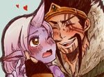  1girl blush closed_eyes draven facial_hair facial_tattoo fingerless_gloves gloves hand_on_another's_face horn league_of_legends long_hair mustache one_eye_closed otani_(kota12ro08) pointy_ears smile soraka tattoo yellow_eyes 