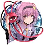  artist_name asa_(coco) blue_shirt blush eyebrows eyebrows_visible_through_hair frilled_shirt_collar frilled_sleeves frills glowing hairband heart komeiji_satori looking_at_viewer open_mouth petals pink_eyes pink_hair shirt short_hair short_sleeves solo string third_eye touhou upper_body wide_sleeves 