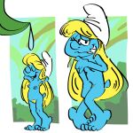absurd_res armpit_hair body_hair breasts clothing covering embarrassed female genitals hat hat_only headgear headgear_only headwear headwear_only hi_res humanoid mostly_nude nipples not_furry pubes pussy ratsinablanket smurf smurfette solo the_smurfs