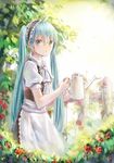  alternate_costume apron aqua_eyes aqua_hair bad_id bad_pixiv_id blurry depth_of_field enmaided fence flower hatsune_miku highres long_hair maid maid_apron maid_headdress mimengfeixue outdoors picket_fence rose solo standing sunlight twintails very_long_hair vocaloid watering_can wooden_fence 