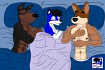  anthro bed buster_(lady_and_the_tramp) canine clothed clothing doberman dog german_shepherd male mammal muscular nipples sleeping thunderbolt topless underwear 