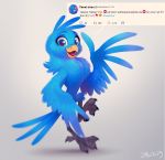  2019 ambiguous_gender anthro avian beak bird blue_eyes digital_media_(artwork) english_text feathered_wings feathers hi_res imalou looking_at_viewer meme open_beak open_mouth semi-anthro signature simple_background smile solo text tweetfur twitter uwu wings 