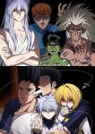  6+boys aged_up alternate_form animal_ears black_background black_hair blonde_hair blue_eyes blue_gakuran body_markings brown_eyes brown_hair chain colored_skin crossed_arms crossover empty_eyes enoki_3106 evil_grin evil_smile fingernails fox_boy fox_ears gakuran gon_freecss green_skin grin hiei_(yu_yu_hakusho) highres hunter_x_hunter killua_zoldyck kurama_(yu_yu_hakusho) kurapika kuwabara_kazuma leorio_paladiknight long_hair male_focus multiple_boys pompadour purple_eyes red_eyes sarayashiki_junior_high_school_uniform scared school_uniform shade shaded_face sharp_fingernails short_hair sleeveless smile sunglasses surprised third_eye topless_male urameshi_yusuke v white_hair yellow_eyes yu_yu_hakusho 