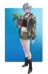  1girl anastasia_(idolmaster) arm_at_side black_choker black_footwear black_shirt blue_background blue_eyes bomber_jacket boots border choker cosplay cropped_shirt expressionless full_body gradient_background green_jacket green_shorts grey_hair highres holding holding_plant idolmaster idolmaster_cinderella_girls jacket leon_the_professional looking_at_viewer mathilda_lando mathilda_lando_(cosplay) medium_hair midriff navel open_clothes open_jacket osakana_(denpa_yun&#039;yun) outside_border plant potted_plant shirt short_shorts shorts solo standing white_border 