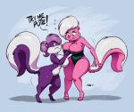 2024 3_toes 4_fingers anthro big_breasts bimbette blue_sclera bodily_fluids breasts clenched_teeth clothing dialogue duo english_text feet female fifi_la_fume fingers flying_sweatdrops french_text fur hair hi_res joaoppereiraus leotard mammal mephitid nude pink_hair purple_body purple_fur purple_hair short_hair side_boob skunk strapless_clothing strapless_leotard sweat sweatdrop tail teeth text thick_thighs tiny_toon_adventures tiptoes toes warner_brothers white_hair