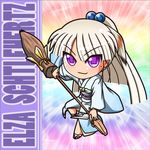  broom character_name chibi commentary elza_straherz japanese_clothes kimono long_hair long_sleeves lowres obi original ponytail purple_eyes rakurakutei_ramen sash silver_hair smirk solo square_pupils wide_sleeves 