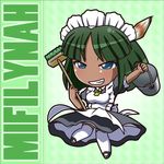  apron black_dress blue_eyes broom bucket character_name chibi dark_skin dress green_hair grin lowres maid maid_apron maid_headdress mifilinah_jegell original puffy_short_sleeves puffy_sleeves rakurakutei_ramen short_sleeves smile solo thighhighs upskirt white_legwear 