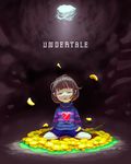  brown_hair closed_eyes copyright_name flower flower_bed frisk_(undertale) heart hole light_rays petals shorts sitting solo stick striped striped_sweater sweater tori_hata underground undertale wariza 
