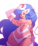  blue_hair breasts capcom doxy felicia licking_lips looking_at_viewer navel solo stomach tongue_out vampire_(game) very_long_hair 