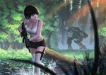  absurdres bangs black_eyes black_footwear black_gloves black_hair black_shorts blurry breasts closed_mouth collarbone crop_top darkmuleth depth_of_field forest gloves grass gun highres holding holding_gun holding_weapon holster knife large_breasts log looking_back looking_to_the_side mecha midriff nature original outdoors running scenery science_fiction shiny shiny_skin shoes short_hair short_shorts shorts sleeveless tank_top thigh_holster thigh_strap thighhighs tree trigger_discipline wading water weapon white_legwear 