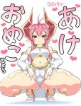  1girl ass bare_shoulders breasts cameltoe detached_sleeves earrings horn_ring horns jewelry long_hair looking_at_viewer medium_breasts midriff navel original otoo_(izanagi) parted_lips pink_hair pointy_ears red_eyes sandals smile solo spread_legs spread_pussy_under_clothes squatting thick_thighs thighs wide_hips 