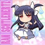  black_hair character_name chibi dress gun hair_ribbon handgun jitome layered_dress lowres original rakurakutei_ramen ran_straherz red_eyes ribbon sleeveless sleeveless_dress solo two_side_up weapon white_dress 