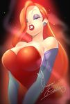  blurry breasts character_name cleavage clenched_teeth detached_sleeves dress earrings grey_eyes hair_over_one_eye jessica_rabbit jewelry large_breasts lipstick makeup orange_hair red_dress red_lipstick solo strapless strapless_dress teeth u-min upper_body who_framed_roger_rabbit 