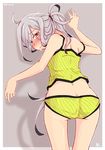  2016 ahoge alternate_costume asashimo_(kantai_collection) bare_shoulders blush commentary_request dated eyebrows eyebrows_visible_through_hair grey_background hair_over_one_eye kantai_collection long_hair looking_back ponytail ru2n131 silver_hair simple_background solo sweatdrop thighhighs 