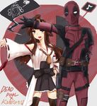  bad_id bad_pixiv_id bare_shoulders bodysuit brown_eyes brown_hair brown_legwear character_name commentary_request crossover deadpool highres japanese_clothes kantai_collection kongou_(kantai_collection) long_hair long_sleeves marvel mask nontraditional_miko open_mouth pleated_skirt skirt ssadddsa_(dime_zero) 