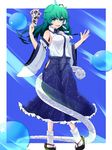  blue_dress breasts detached_sleeves dress frog_hair_ornament green_eyes green_hair hair_ornament highres kochiya_sanae large_breasts long_hair rihito_(usazukin) snake snake_hair_ornament solo touhou 