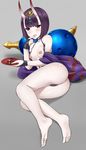  ass bare_legs barefoot breasts collarbone cup fangs fate/grand_order fate_(series) feet finger_to_mouth gauntlets hair_ornament highres horns looking_at_viewer lying mizunashi_kenichi nipples off_shoulder on_side oni oni_horns open_mouth purple_eyes purple_hair revealing_clothes sakazuki shuten_douji_(fate/grand_order) small_breasts smile solo topless wide_sleeves 
