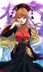  black_dress blonde_hair breasts chinese_clothes dress hat highres junko_(touhou) kakao_(noise-111) large_breasts long_hair long_sleeves red_eyes ribbon sash smile solo tabard tongue tongue_out touhou very_long_hair wide_sleeves 