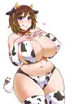  animal_ears breasts brown_hair censored cleavage cow_ears cow_horns curvy futanari heart heart-shaped_pupils highres horns huge_breasts navel original plump short_hair solo symbol-shaped_pupils thick_thighs thighs wide_hips yosyo 