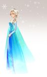  absurdres aqua_eyes blonde_hair blue_dress braid closed_mouth disney dress elsa_(frozen) frozen frozen_(disney) full_body highres long_dress neck profile single_braid smile snowflakes solo u-min veil winter 